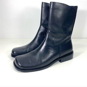 Anne Klein Black Leather Mid Calf Square Toe Inside Zip Riding Style Boots 7.5